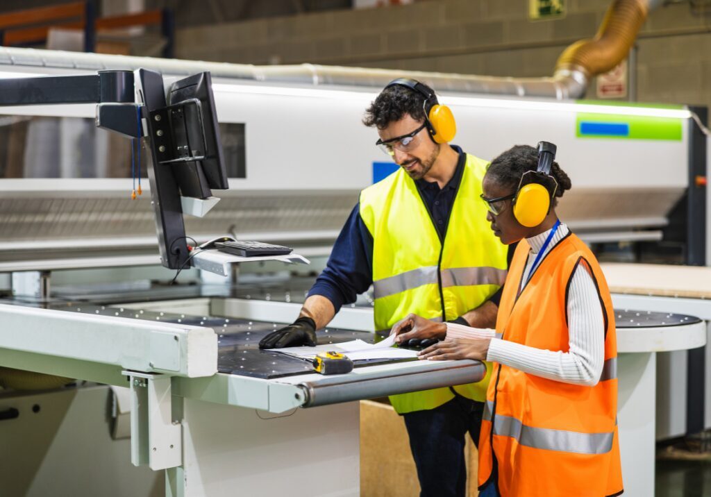 Manufacturing employees reviewing production specs at a CNC workstation